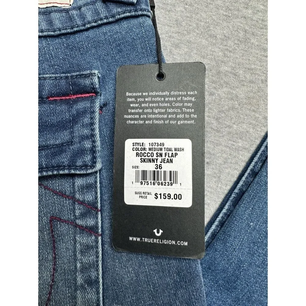 True Religion Jeans Men's Rocco SN Flap Relaxed Skinny Size 36x32 NWT Red Stitch